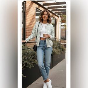 Tiny edition .Green and White Quilted Bomber Jacket with Botanical Design